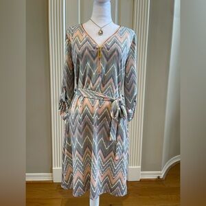 Tacera Pastel Chevron Pattern A-Line Dress w/Zipper Accent & Bishop Sleeves - PL